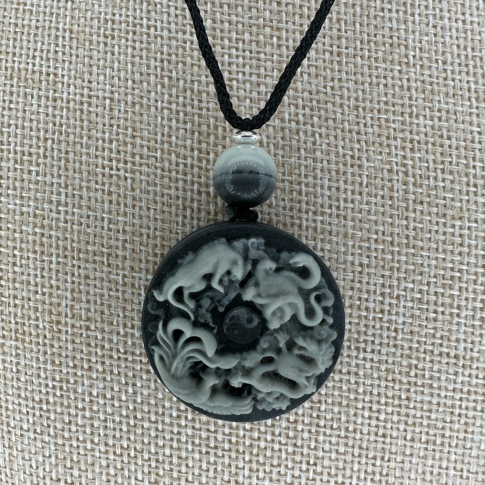 Tai Chi Stone Dragon Phoenix Tiger Snake Pendant Necklace: Silver Accent on Rope